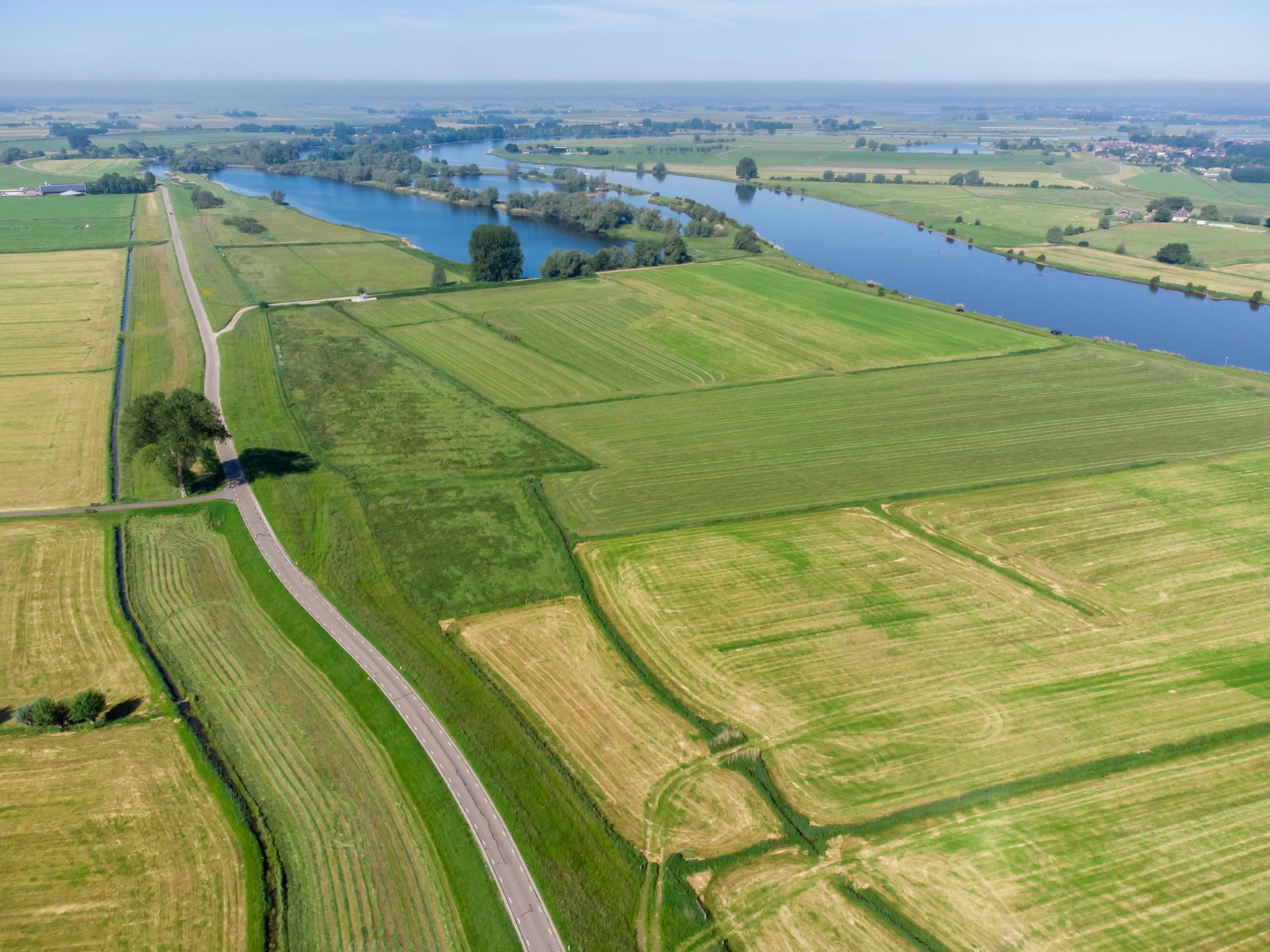 luchtfoto van landschap met weilanden in Rijn-Westgebied
