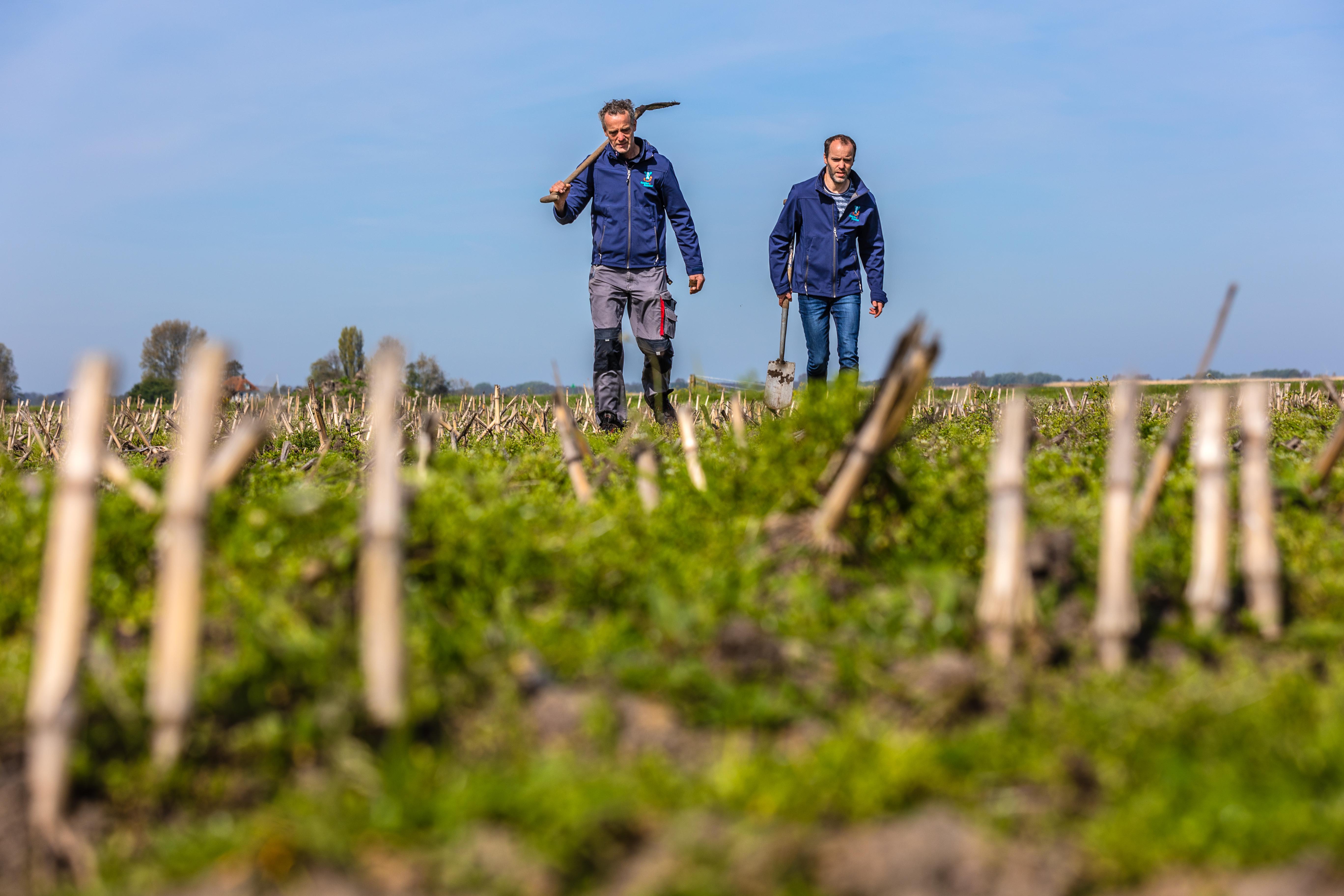 boeren met schop lopen over perceel